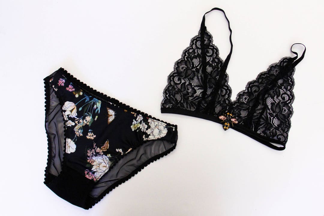 Lace Bralette Lingerie Set, Floral Panties, Triangle Bra, Bees, Black ...