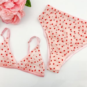 Red and pink flocked heart lingerie set, French cut panties and triangle bralette, boudoir lingerie