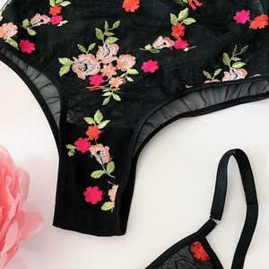 Black floral embroidered lingerie set, boudoir lingerie, black bralette, high waist panties, embroidery, brazilian panty, bridal lingerie image 3