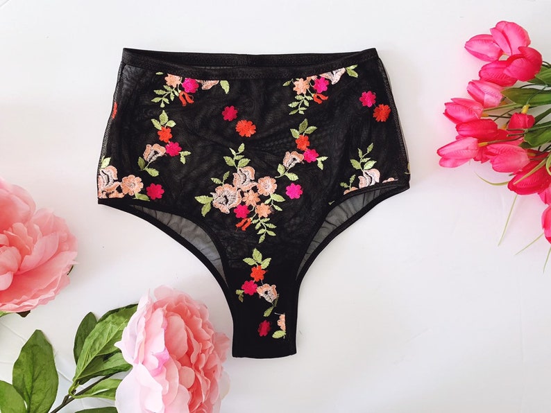 Black floral embroidered lingerie set, boudoir lingerie, black bralette, high waist panties, embroidery, brazilian panty, bridal lingerie image 4