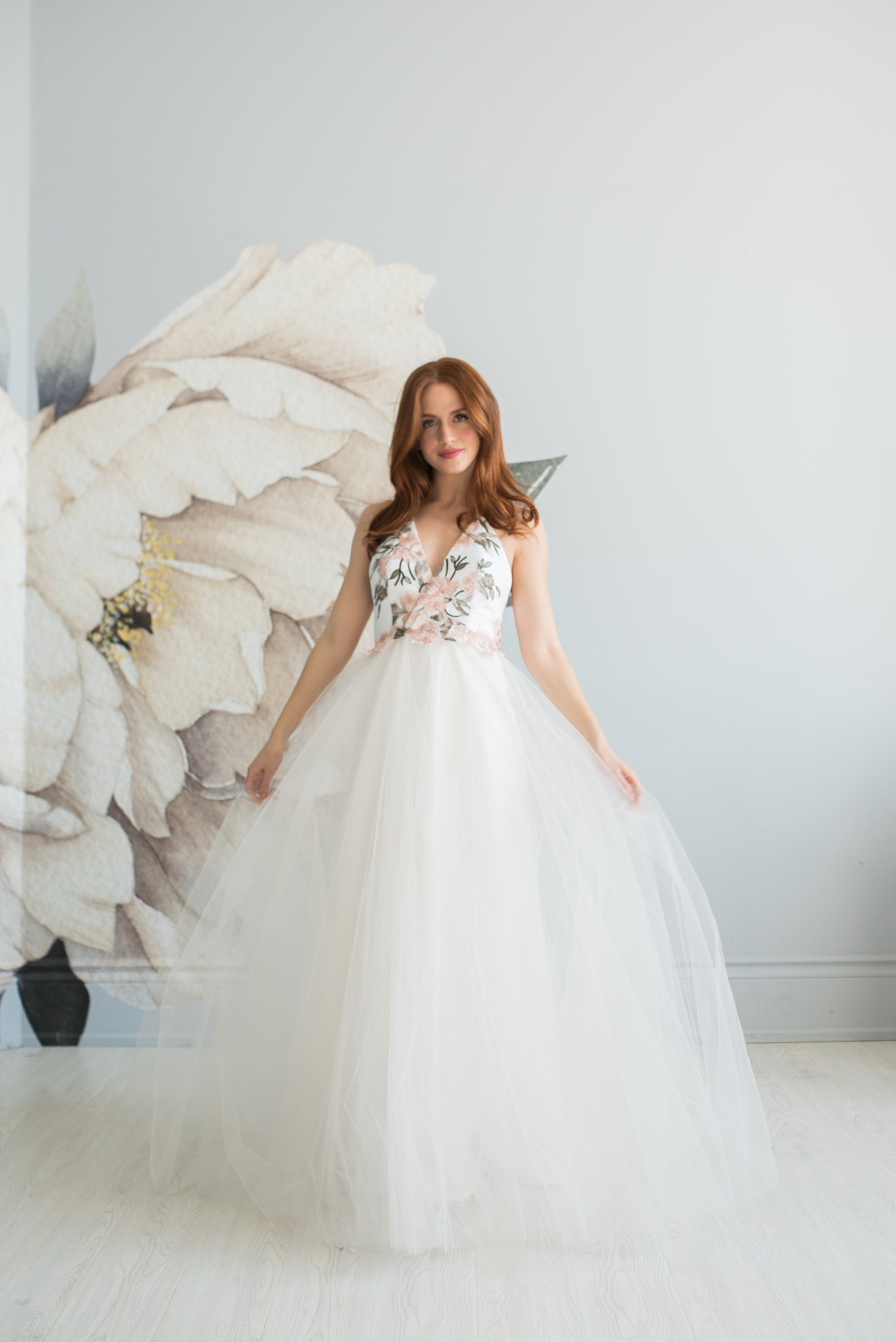 Embroidered Floral Wedding Dress Blush Wedding Dress Prom Etsy UK