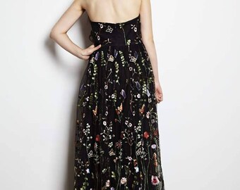 black floral embroidered chiffon maxi dress Tadashi Shoji Women's Off the Shoulder Lace Bodice Gown - Black main image 1