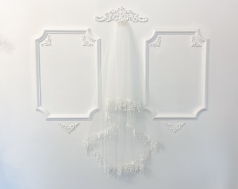 Floral fringe veil, silk white fingertip lace veil, diamond white veil with floral lace trim