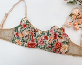 Floral embroidered bra, boudoir lingerie, underwired bra, floral lingerie