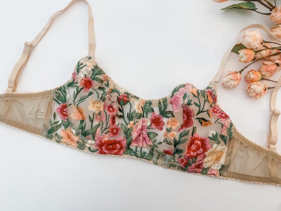 Floral Embroidered Bra, Boudoir Lingerie, Underwired Bra, Floral