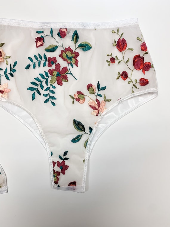Floral Embroidered Strappy Mesh Triangle Brazilian Bikini Set