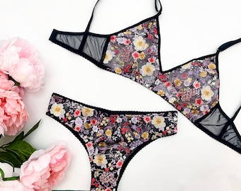 Ensemble de lingerie brodé floral noir, lingerie boudoir, coupe haute brésilienne, broderie, lingerie de mariée