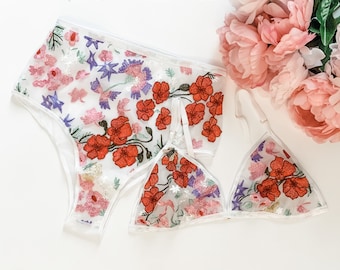 Ensemble de lingerie d’abeille florale lumineuse, soutien-gorge triangle, culotte taille haute, imprimé floral, culotte brésilienne, lingerie de mariée