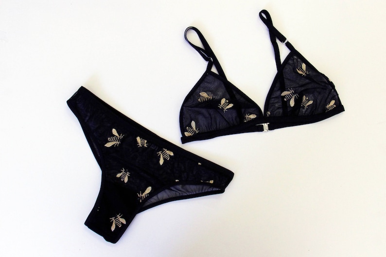 Brassière brodée abeille, soutien-gorge triangle, abeilles, brassière noire, lingerie de mariée, entomologie, brassière en résille image 3