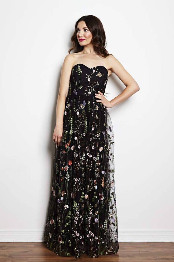 Black Floral Gown, Floral Maxi Dress, Black Wedding Dress, Prom