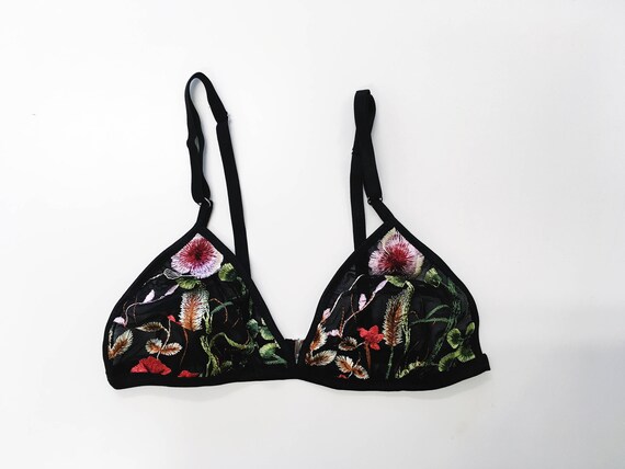 Embroidered Black Floral Bralette, Triangle Bra, Mesh Bralette, Valentines  Gift, Floral Print, Bridal Lingerie, Summer Lingerie, Embroidery 