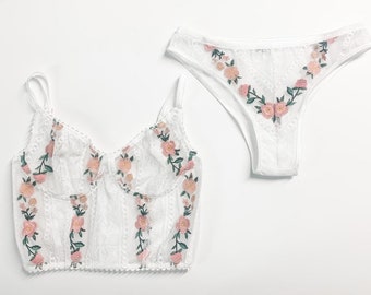 White floral embroidered longline bra, boudoir lingerie, underwired bra, floral lingerie