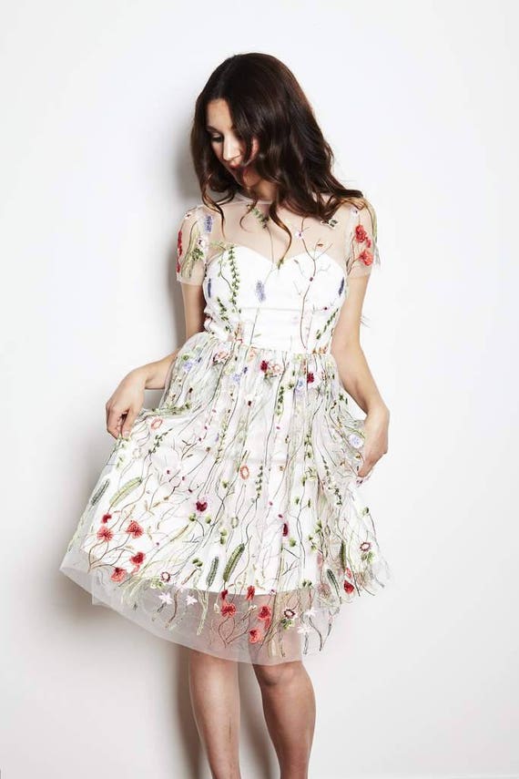 White Dress with embroidered flowers