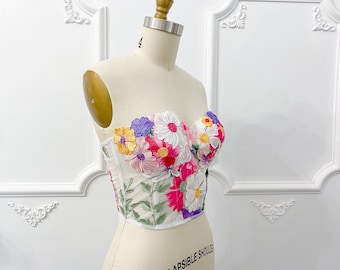 Haut corset floral brodé, corset de mariage, robe de mariée florale, corset fleuri, corset transparent