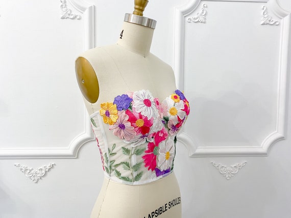 Embroidered Floral Corset Top, Wedding Corset, Floral Wedding Dress, Flower  Corset, Sheer Corset 