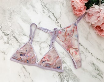 Embroidered floral lingerie set, boudoir lingerie, floral thong ,embroidery, bridal lingerie, pink and purple lingerie