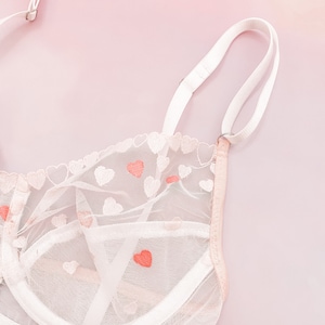 READY TO SHIP 32C Pink and white heart embroidered bra, boudoir lingerie, underwired bra, floral lingerie image 2