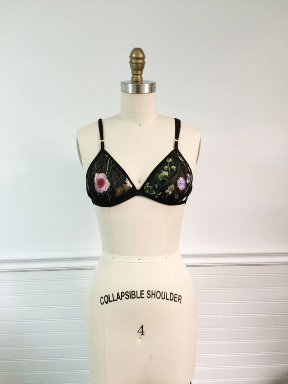 Buy Embroidered Black Floral Bralette, Triangle Bra, Mesh Bralette,  Valentines Gift, Floral Print, Bridal Lingerie, Summer Lingerie, Embroidery  Online in India 