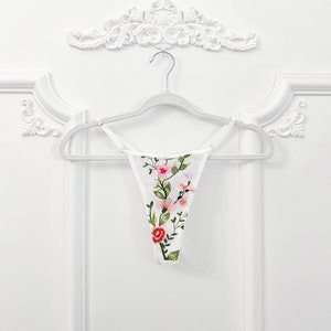 White and pink floral embroidered thong, boudoir lingerie, embroidery, bridal lingerie