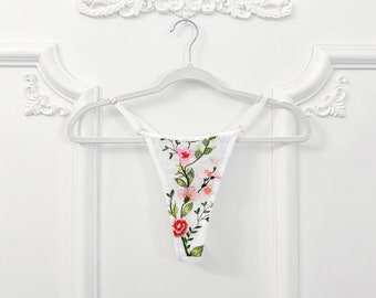 READY TO SHIP White and pink floral embroidered thong, boudoir lingerie, embroidery, bridal lingerie