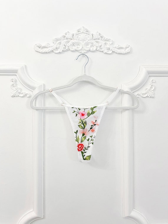White and Pink Floral Embroidered Thong, Boudoir Lingerie, Embroidery,  Bridal Lingerie 