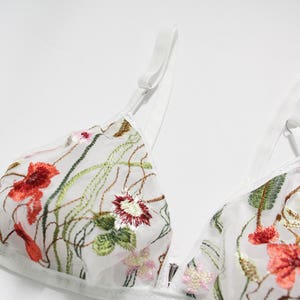 Embroidered floral bralette, Triangle bra, White bralette, Floral print Bridal lingerie, Flowers Summer lingerie, Mesh Bra, Embroidery image 3