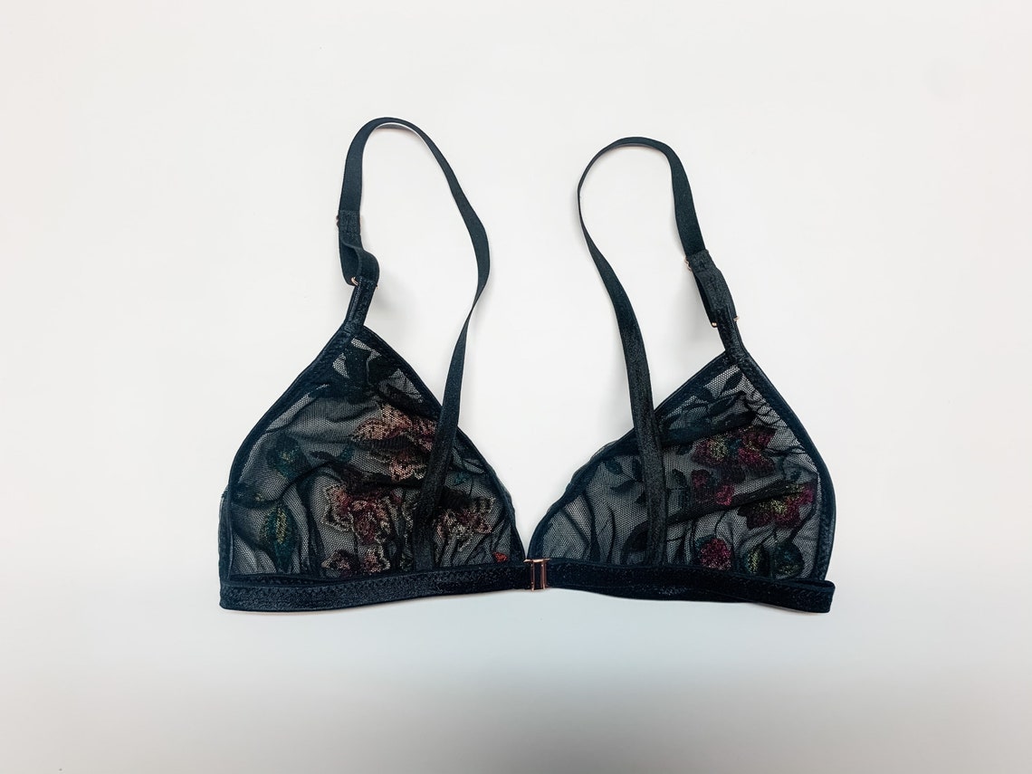 Black Floral Embroidered Lingerie Set Triangle Bra Black - Etsy