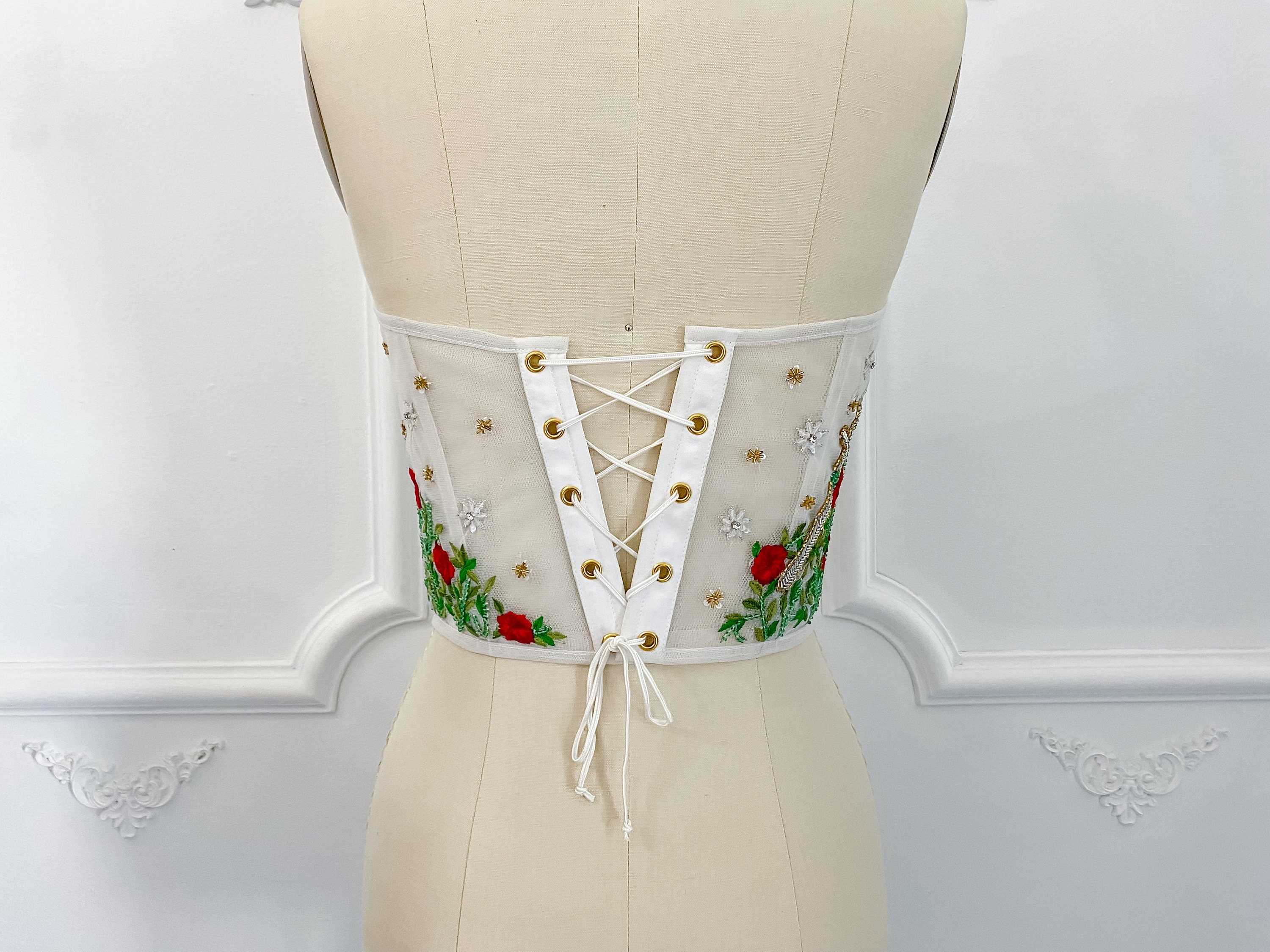 Embroidered Tarot Corset Top: Beaded Floral Sheer Bridal Bustier