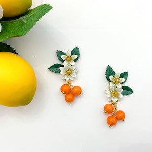 Hand Painted Orange Blossom Earrings with Gemstone Drops, Gold plated Posts