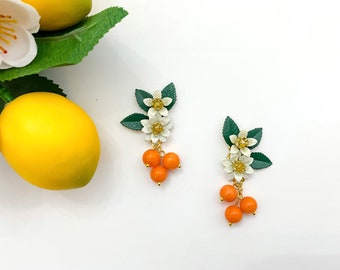 Hand painted orange blossom earrings, statement earrings, bridal jewelry, floral jewelry