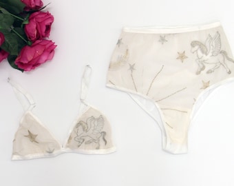 Embroidered lingerie set, brazilian panty, celestial bralette, boudoir lingerie set, bridal lingerie