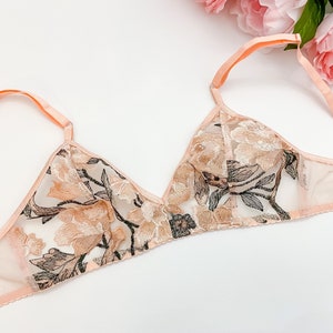 Peach pink Embroidered floral bralette, boudoir lingerie, embroidery, bridal lingerie