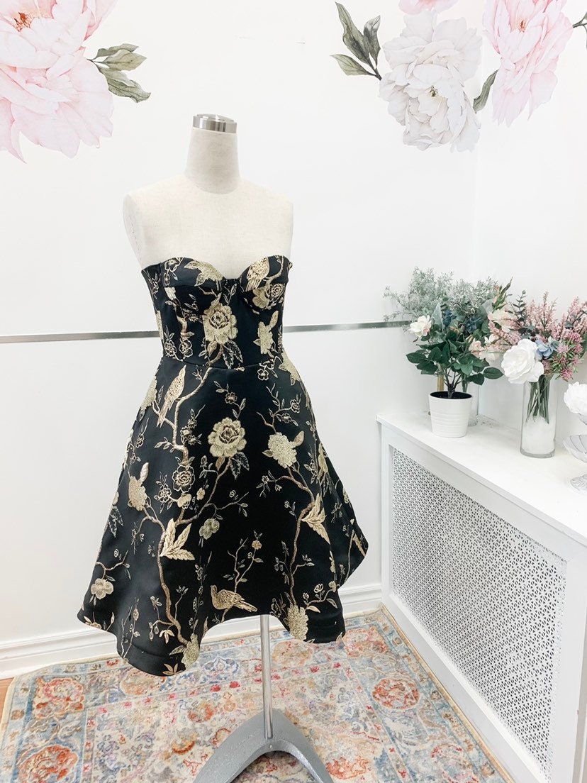 Little Black Dress With Gold Floral and Bird Embroidery