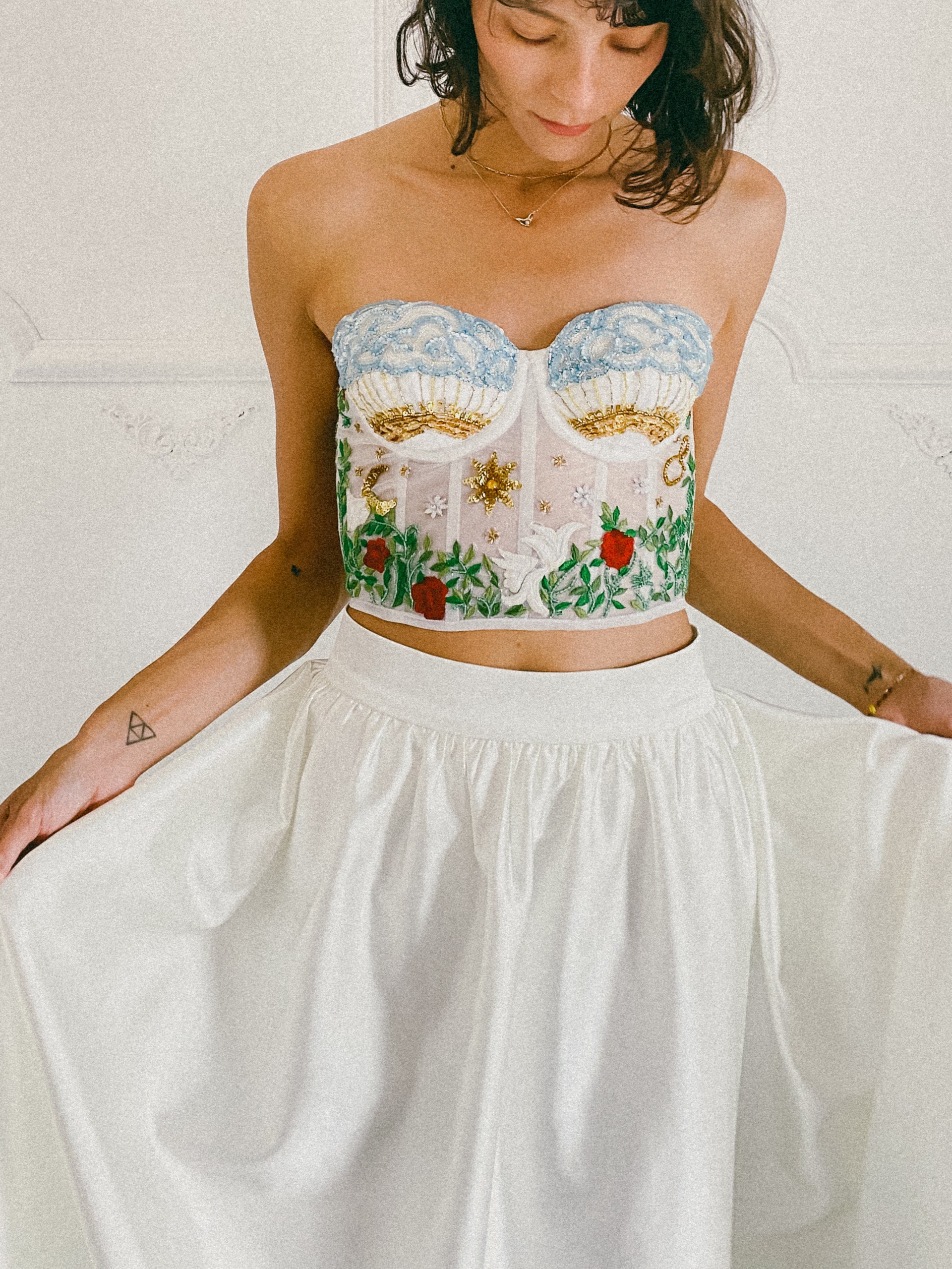 Embroidered Tarot Corset Top: Beaded Floral Sheer Bridal Bustier