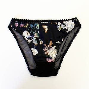 Silky floral panties, lingerie, bikini cut panties, valentines gift, boudoir lingerie, satin panties, black floral bikini panties, sheer