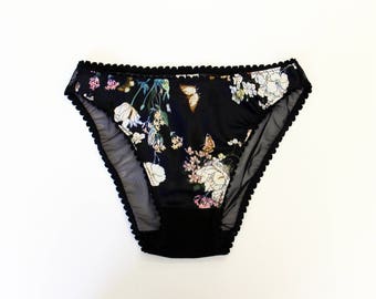 Silky floral panties, lingerie, bikini cut panties, valentines gift, boudoir lingerie, satin panties, black floral bikini panties, sheer