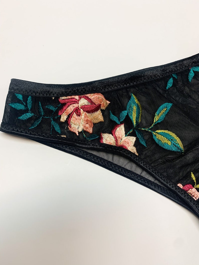 Black floral embroidered lingerie set, triangle bra, black bralette, low waist panties,embroidery, brazilian panty, bridal lingerie image 5