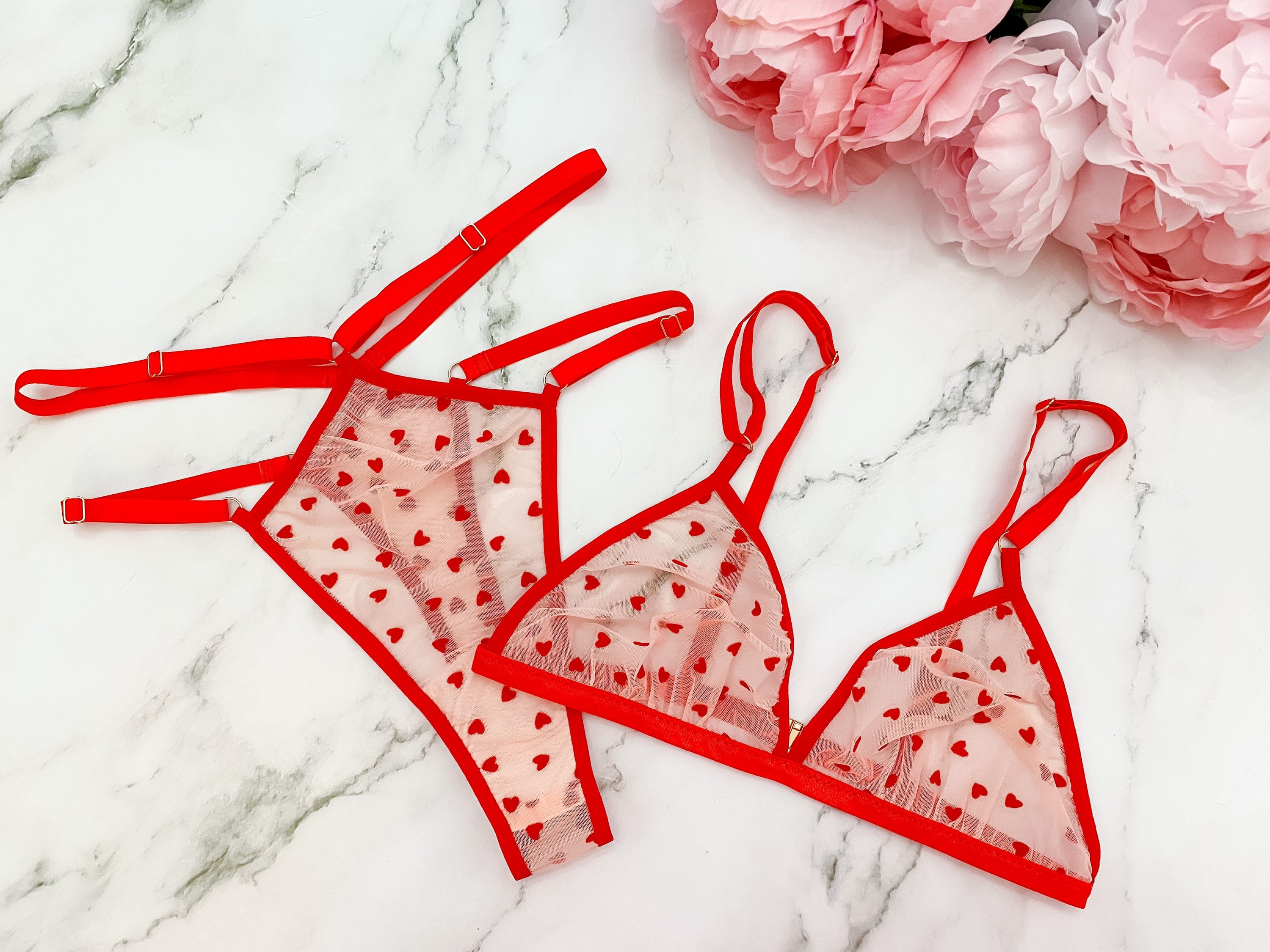 Flocked Velvet Red and Pink Heart Lingerie Set With Strappy Thong