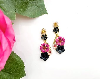 Hand painted pink and black floral earrings, statement earrings, bridal jewelry, floral jewelry, valentines gift