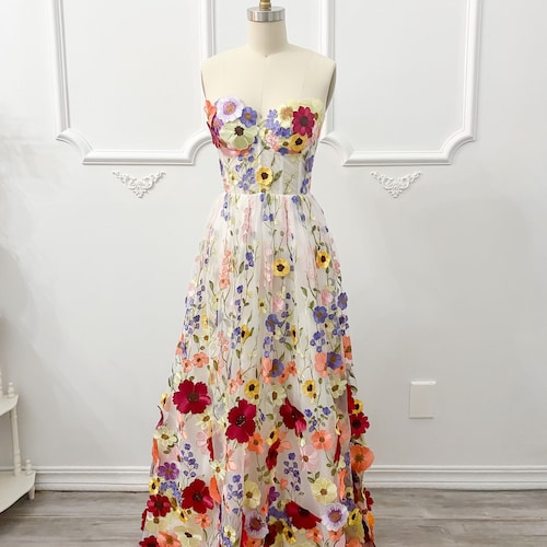 3D Floral Embroidered Wedding Gown: Sheer Corset Dress