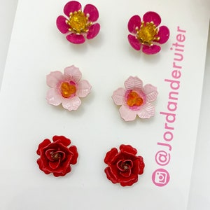 Hand painted floral stud earrings, statement earrings, bridal jewelry, floral jewelry, valentines gift image 4