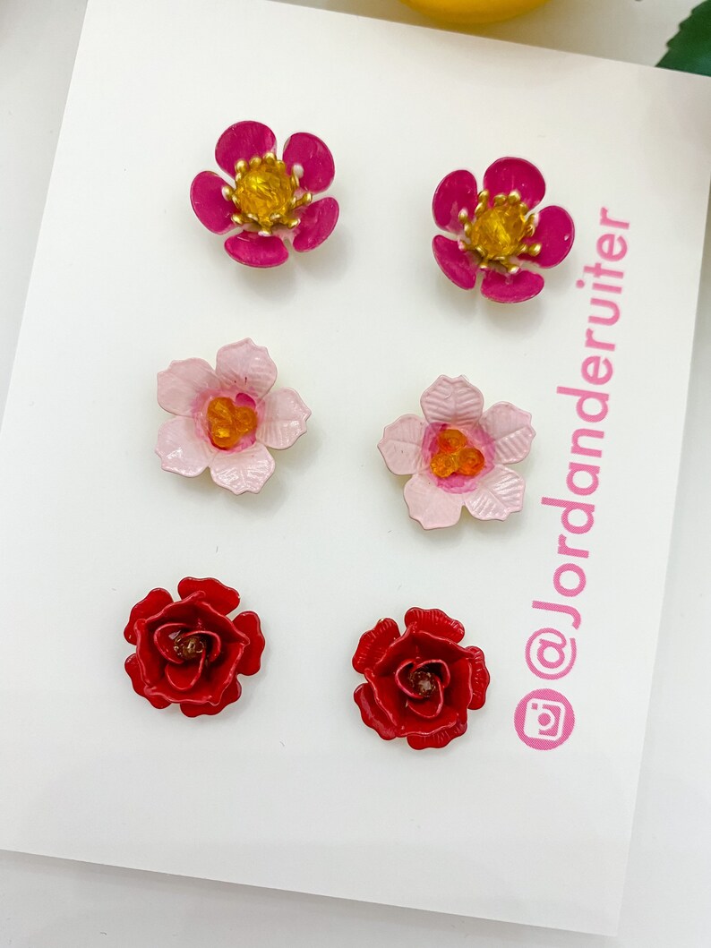 Hand painted floral stud earrings, statement earrings, bridal jewelry, floral jewelry, valentines gift image 4