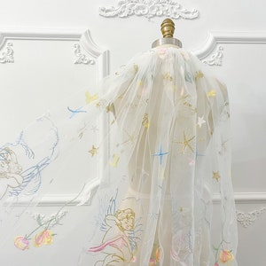Embroidered floral veil, colourful wedding veil, Cupid embroidery and vow embroidery