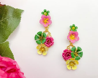 Hand painted floral earrings, statement earrings, bridal jewelry, floral jewelry, emerald green