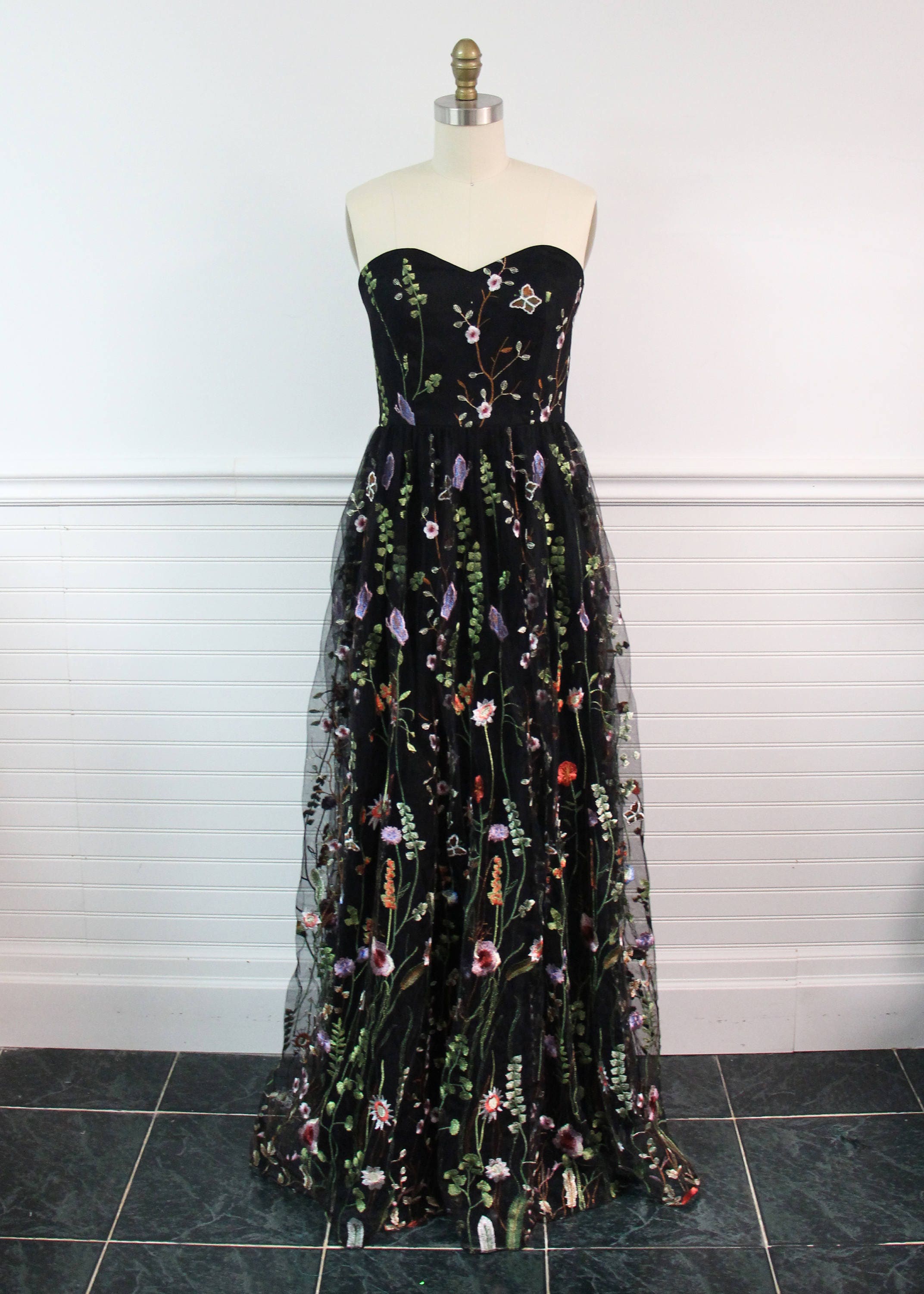 Black Embroidered Floral Gown: Strapless Maxi Dress Black Embroidered Floral Gown: Strapless Maxi Dress