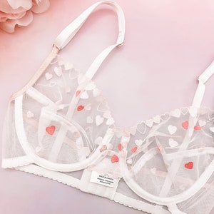 READY TO SHIP 32C Pink and white heart embroidered bra, boudoir lingerie, underwired bra, floral lingerie image 3