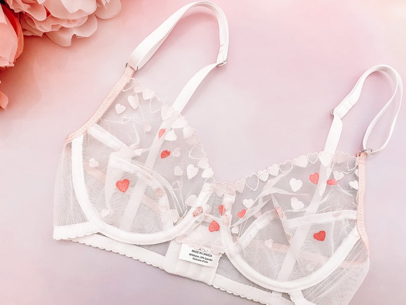 READY TO SHIP 32C Pink and white heart embroidered bra, boudoir lingerie, underwired bra, floral lingerie image 3