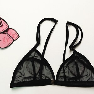 Sweetheart bra, heart bralette, triangle bra, black mesh bralette, valentines day lingerie, bralette, conversation heart image 3