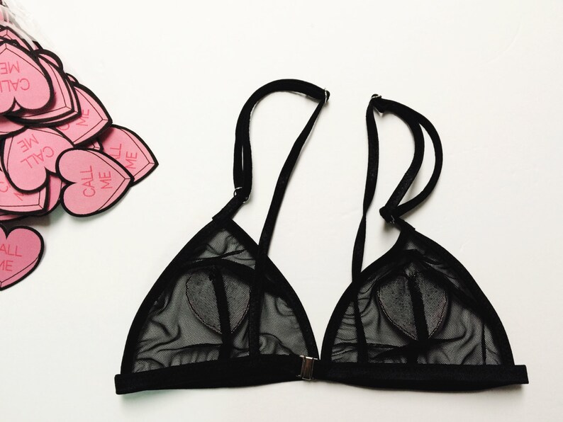 Sweetheart bra, heart bralette, triangle bra, black mesh bralette, valentines day lingerie, bralette, conversation heart image 3