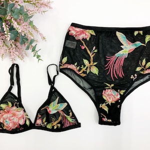 Embroidered floral lingerie set, boudoir lingerie, black bralette, high waist panties,embroidery, brazilian panty, bridal lingerie image 1